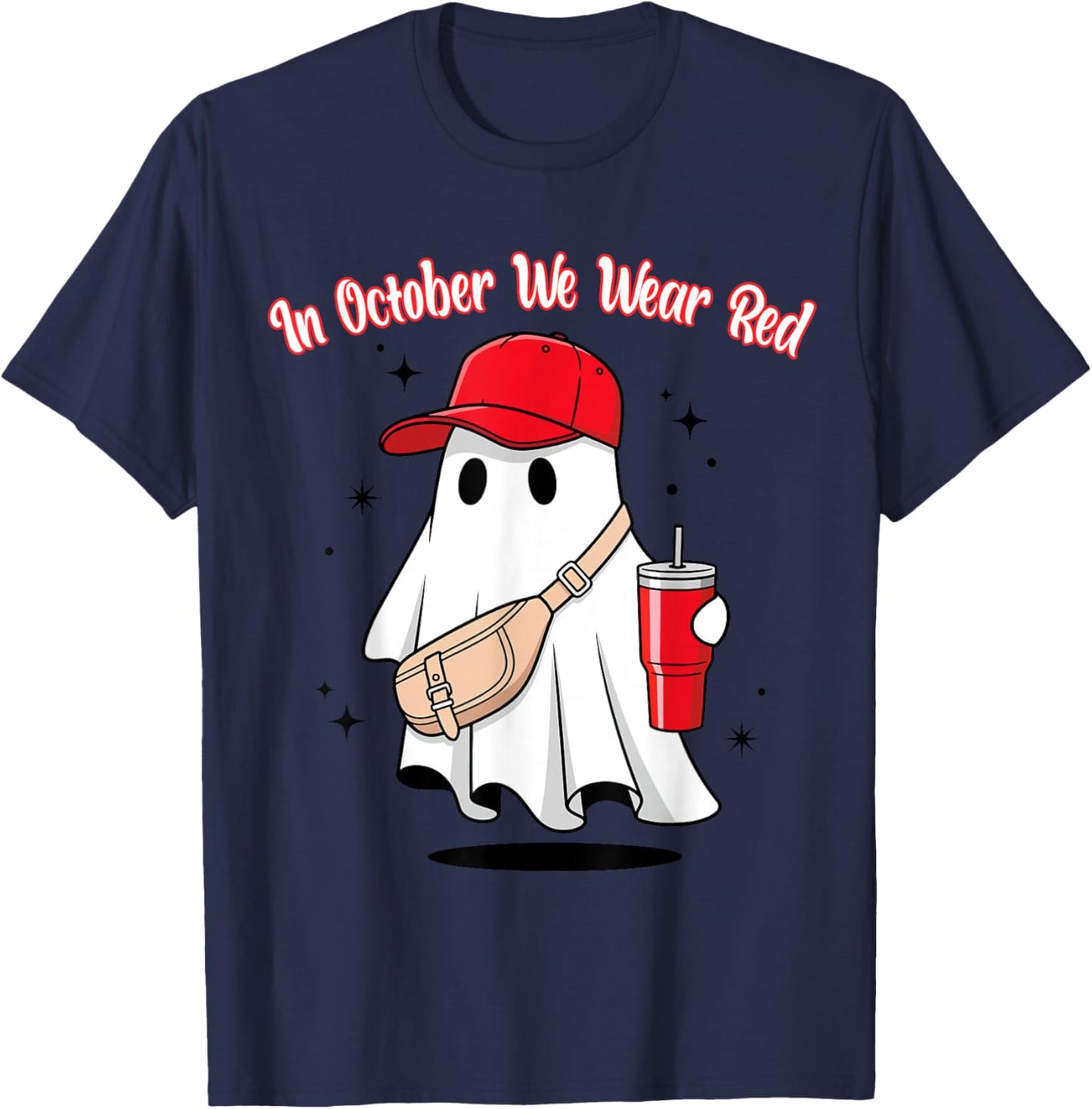 in October We Wear Red October Funny Ghost with Baseball Hat T-Shirt - T-Shirt | Navy