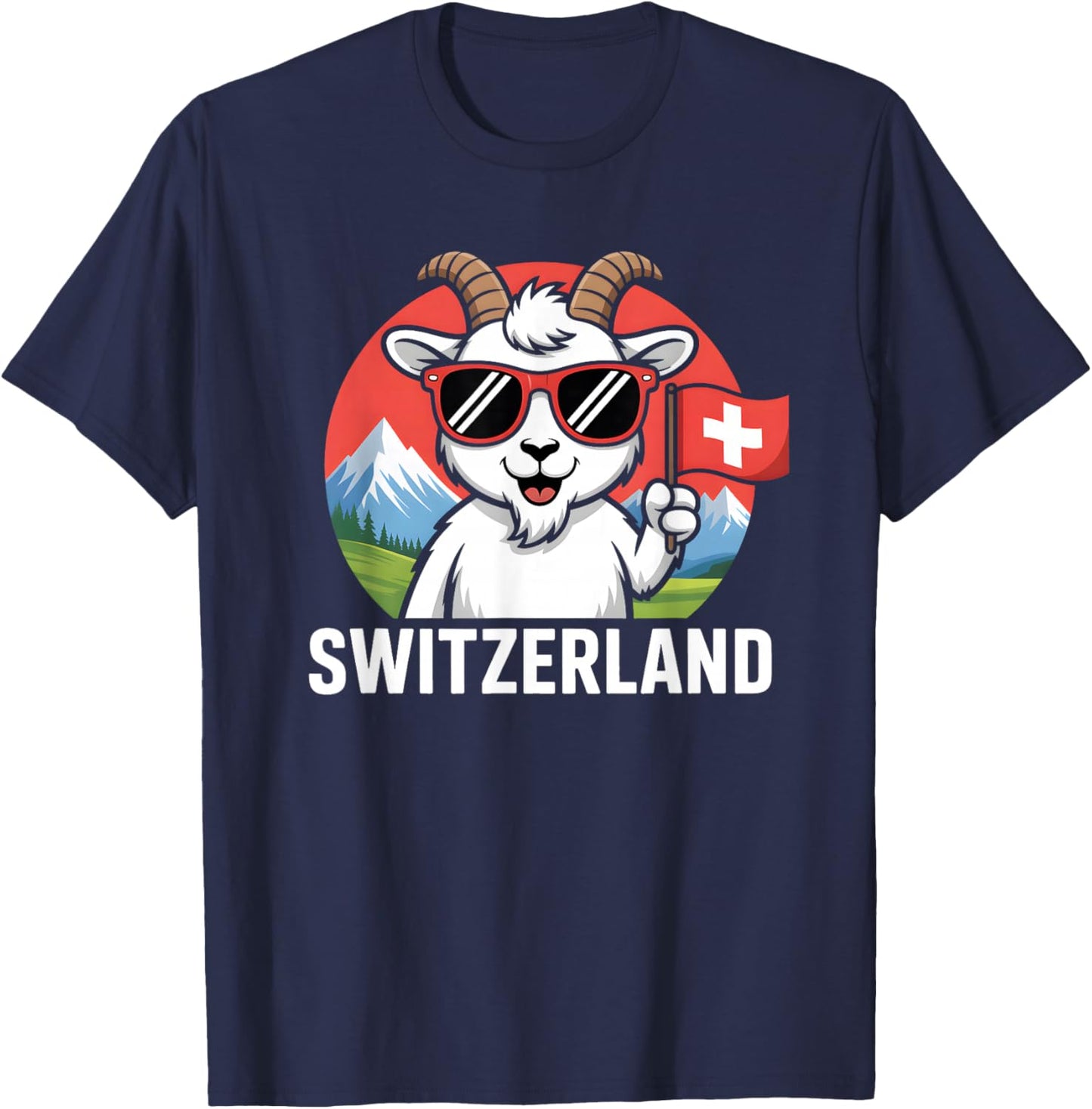 Switzerland Mountain Goat Design Funny Swiss Flag Graphic T-Shirt - T-Shirt | Navy