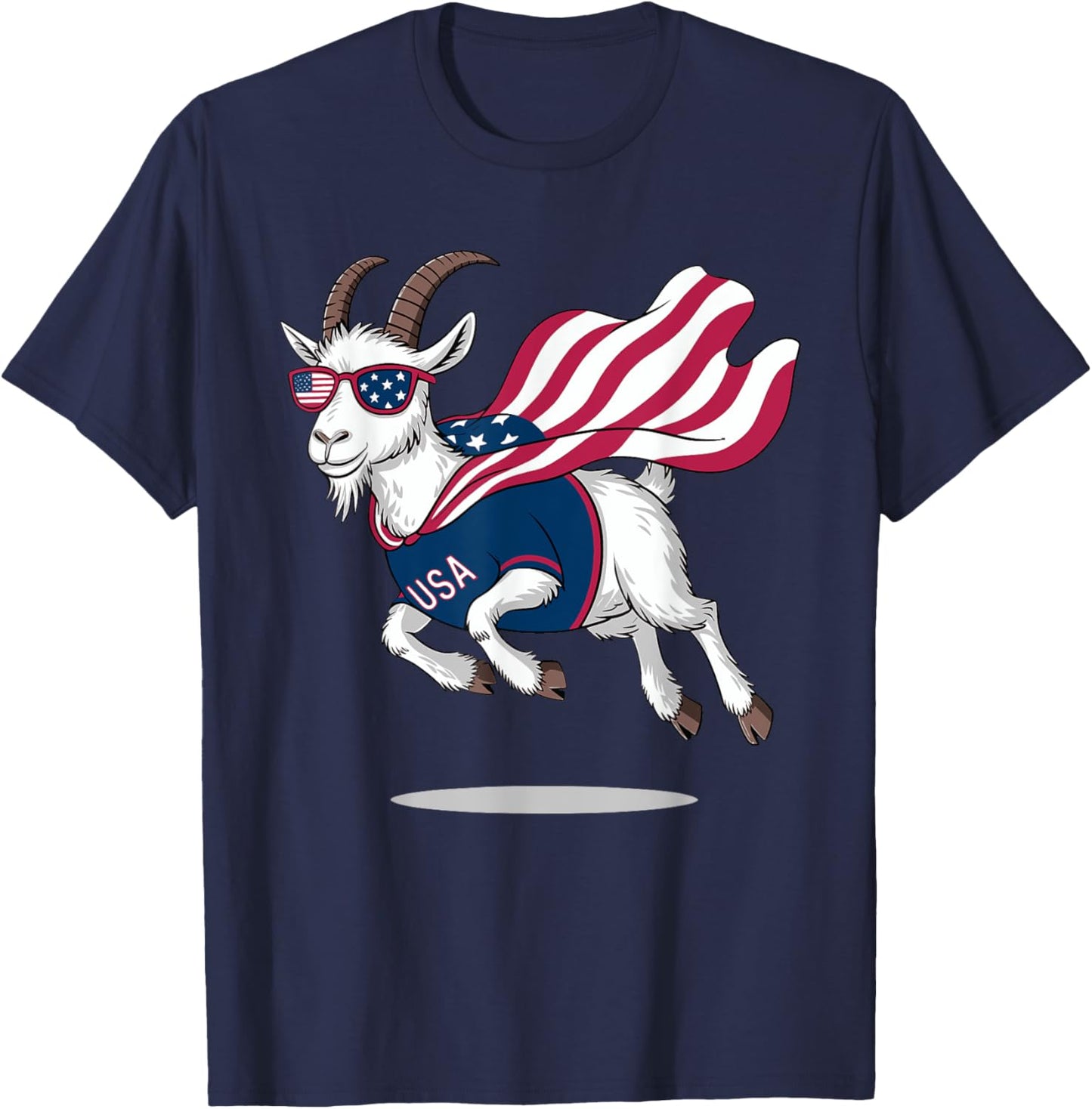 Cool Patriotic Goat in American Flag Cape with Sunglasses T-Shirt - T-Shirt | Navy