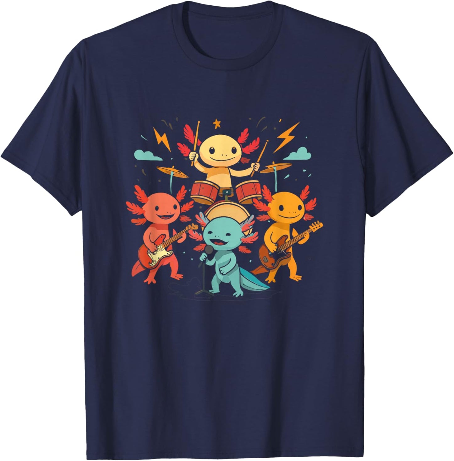 Cute Axolotl Rock Band Playing Drums Guitar Singing Graphic T-Shirt - T-Shirt | Navy
