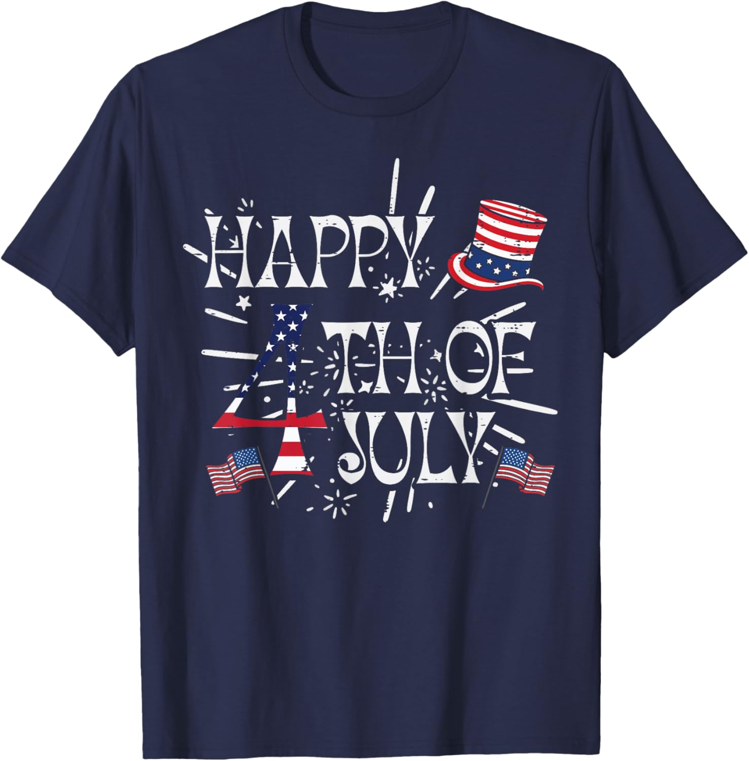 Happy 4th of July US Flag Top Hat Patriotic Men Women Kids T-Shirt - T-Shirt | Navy