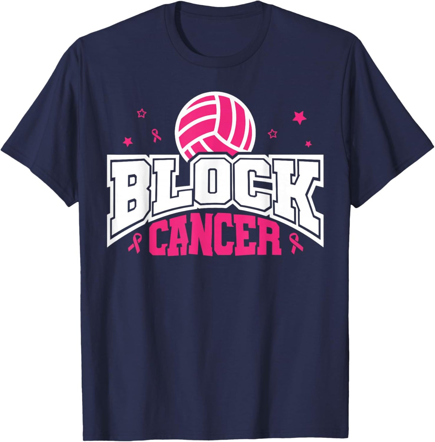 Pink Ribbon Block Cancer Volleyball Breast Cancer Awareness T-Shirt - T-Shirt | Navy