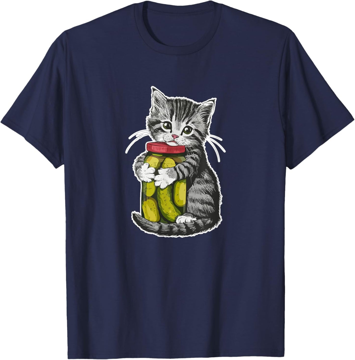 Cute kitten Cat hugging a jar of dill pickles Cat Lovers T-Shirt - T-Shirt | Navy