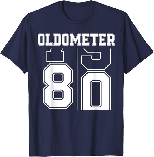 Oldometer 79-80 80th Birthday Sport Text 80 Year Old T-Shirt - T-Shirt | Navy