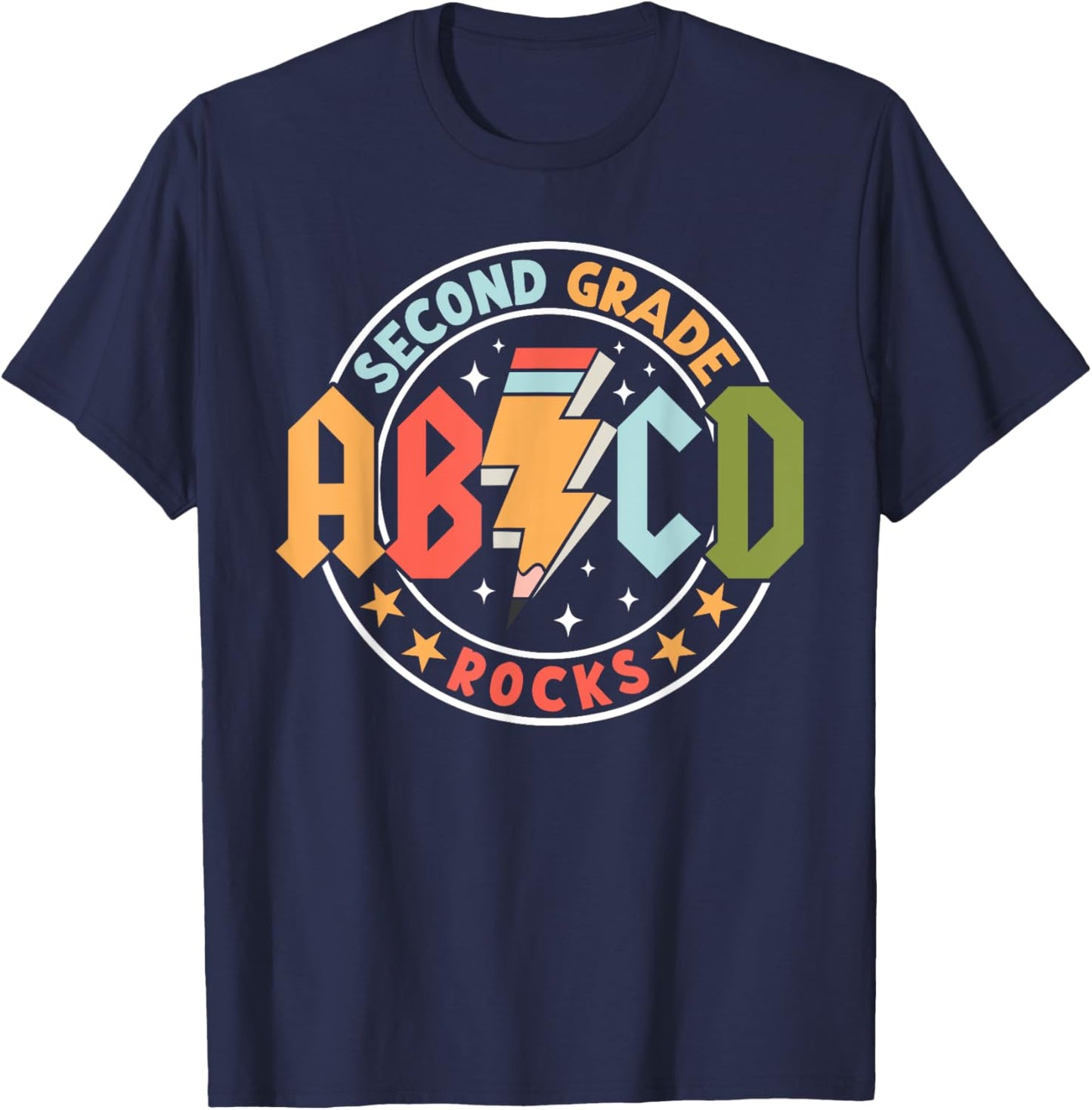 ABCD 2nd Grade Rocks Pencil Lightning Teachers Rock Boys T-Shirt - T-Shirt | Navy