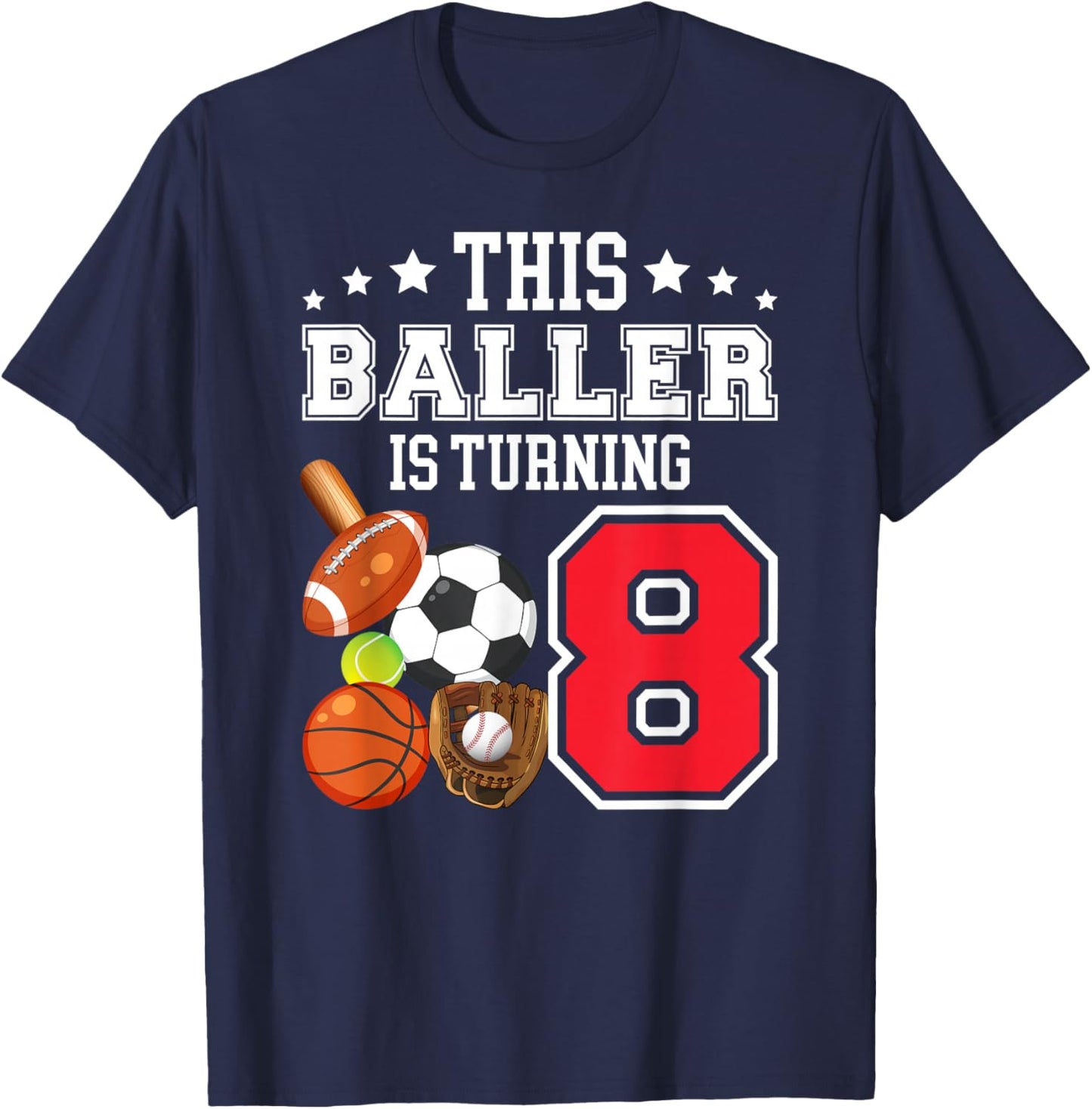8th Birthday Sports Birthday Theme 8 Year Old Boy T-Shirt - T-Shirt | Navy