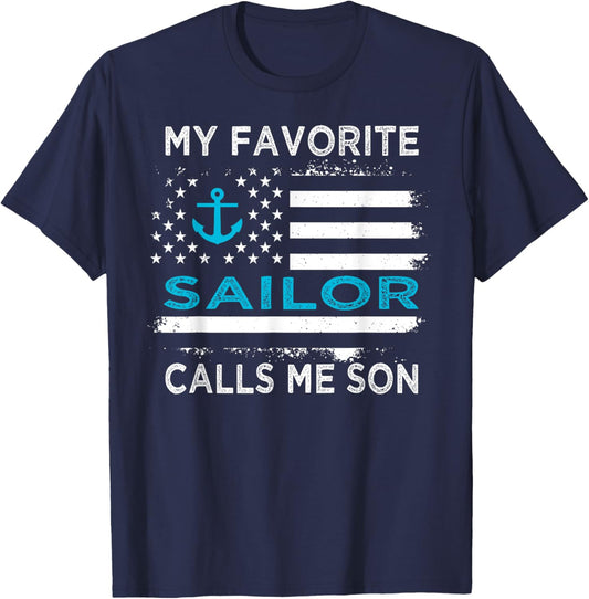 My Favorite Sailor Calls Me Son Sailing USA Flag Anchor Women Kids Men T-Shirt - T-Shirt | Navy