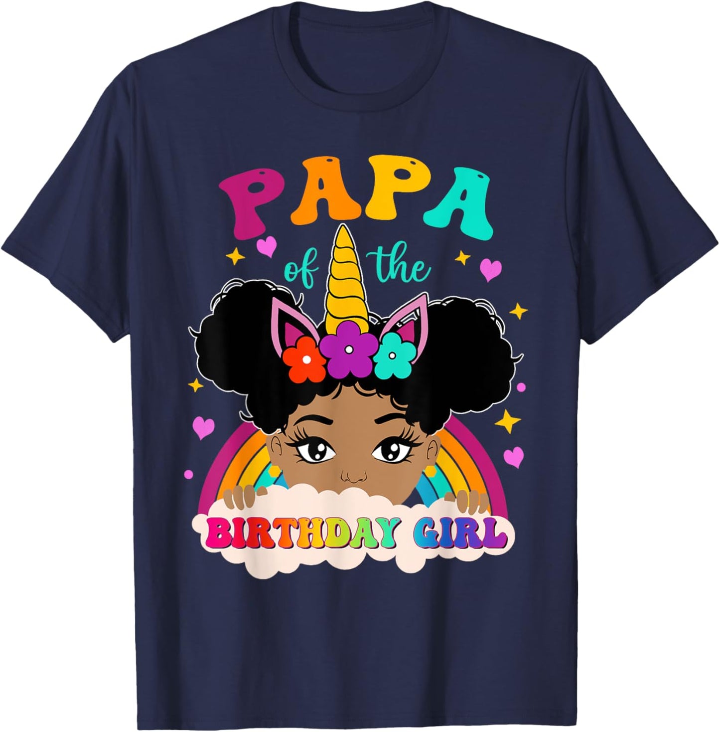 Papa of The Birthday Girl Rainbow Afro Melanin Unicorn T-Shirt - T-Shirt | Navy