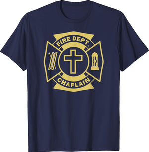 FIRE CHAPLAIN Firefighter Maltese Cross Patch Pastor Priest T-Shirt - T-Shirt | Navy