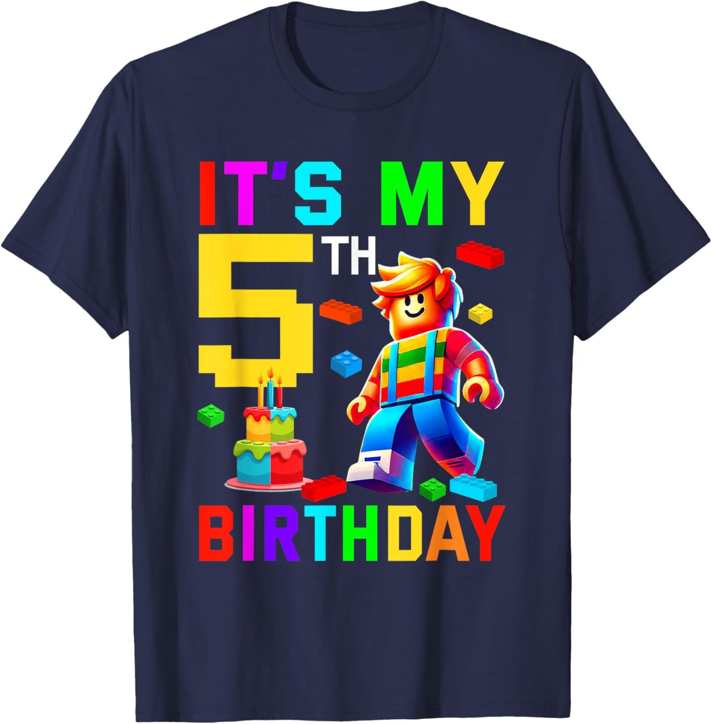 It's My 5th Birthday Block Building Theme Party 5 Year Old T-Shirt - T-Shirt | Navy