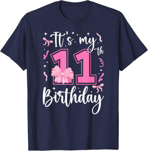 11th Coquette Themed Birthday Eleven Year Old Girl Bow T-Shirt - T-Shirt | Navy