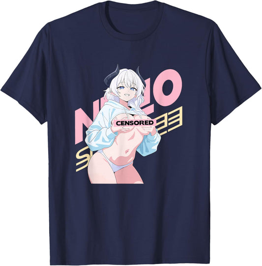 Waifu Sexy Anime Girl Horns Japanese Retro Art T-Shirt - T-Shirt | Navy