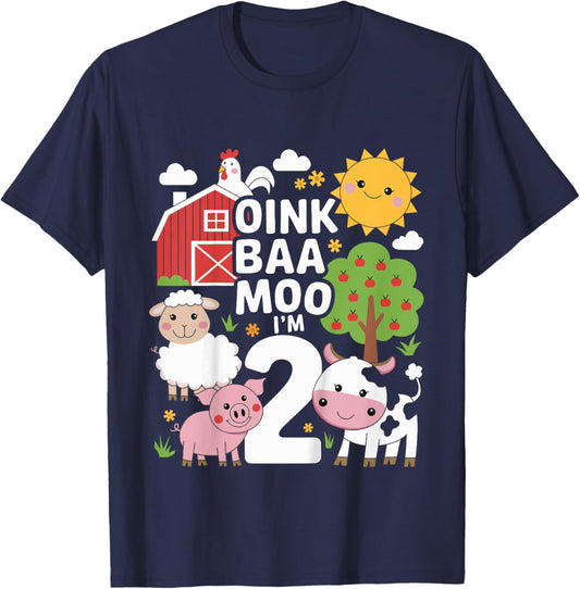Oink Baa Moo I'm Two Birthday Cute Farm Theme 2nd Birthday T-Shirt - T-Shirt | Navy