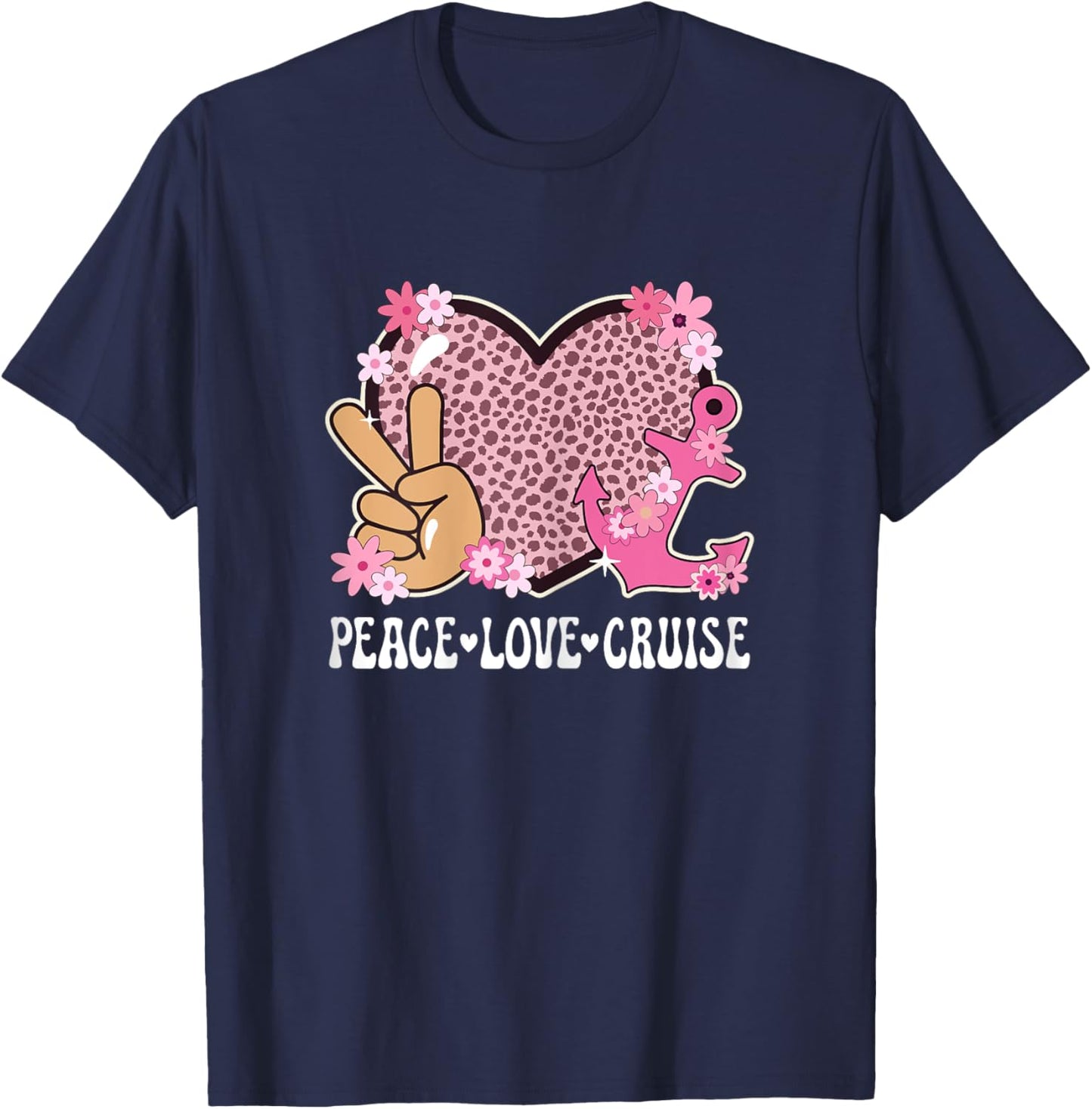 Peace Love Cruise Ship Lover Cheetah Print Women Cute Cruise T-Shirt - T-Shirt | Navy