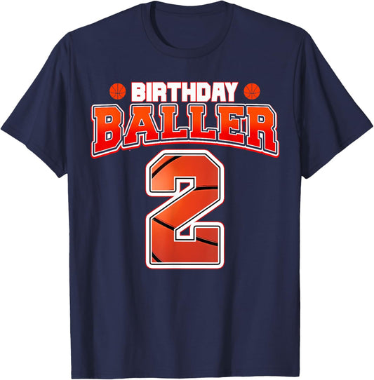 Kids Two 2 Year Old Basketball Theme 2nd Birthday Baller T-Shirt - T-Shirt | Navy