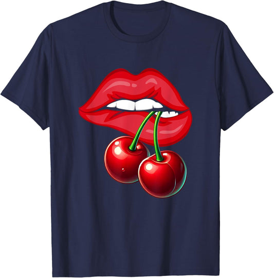 Cherry Lips Sexy Women Design Red Lips Vintage T-Shirt - T-Shirt | Navy