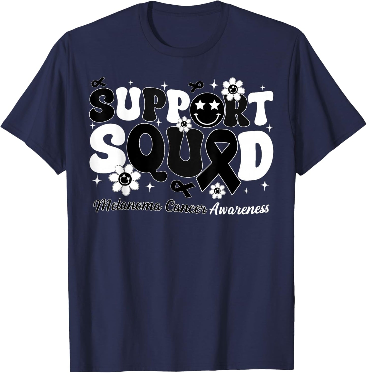 Groovy Support Squad Melanoma Cancer Awareness Black Ribbon T-Shirt - T-Shirt | Navy