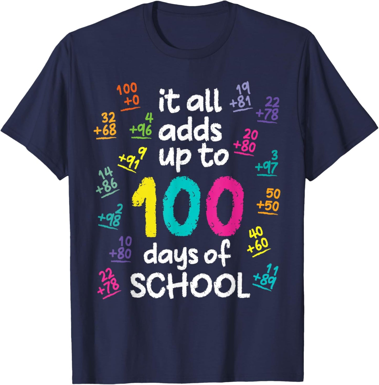 Cool 100 Days Of School Math Addition Funny Teacher Student T-Shirt - T-Shirt | Navy