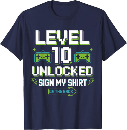 Level 10 Unlocked Sign My Shirt 10th Birthday Gamer Boy Kids T-Shirt - T-Shirt | Navy