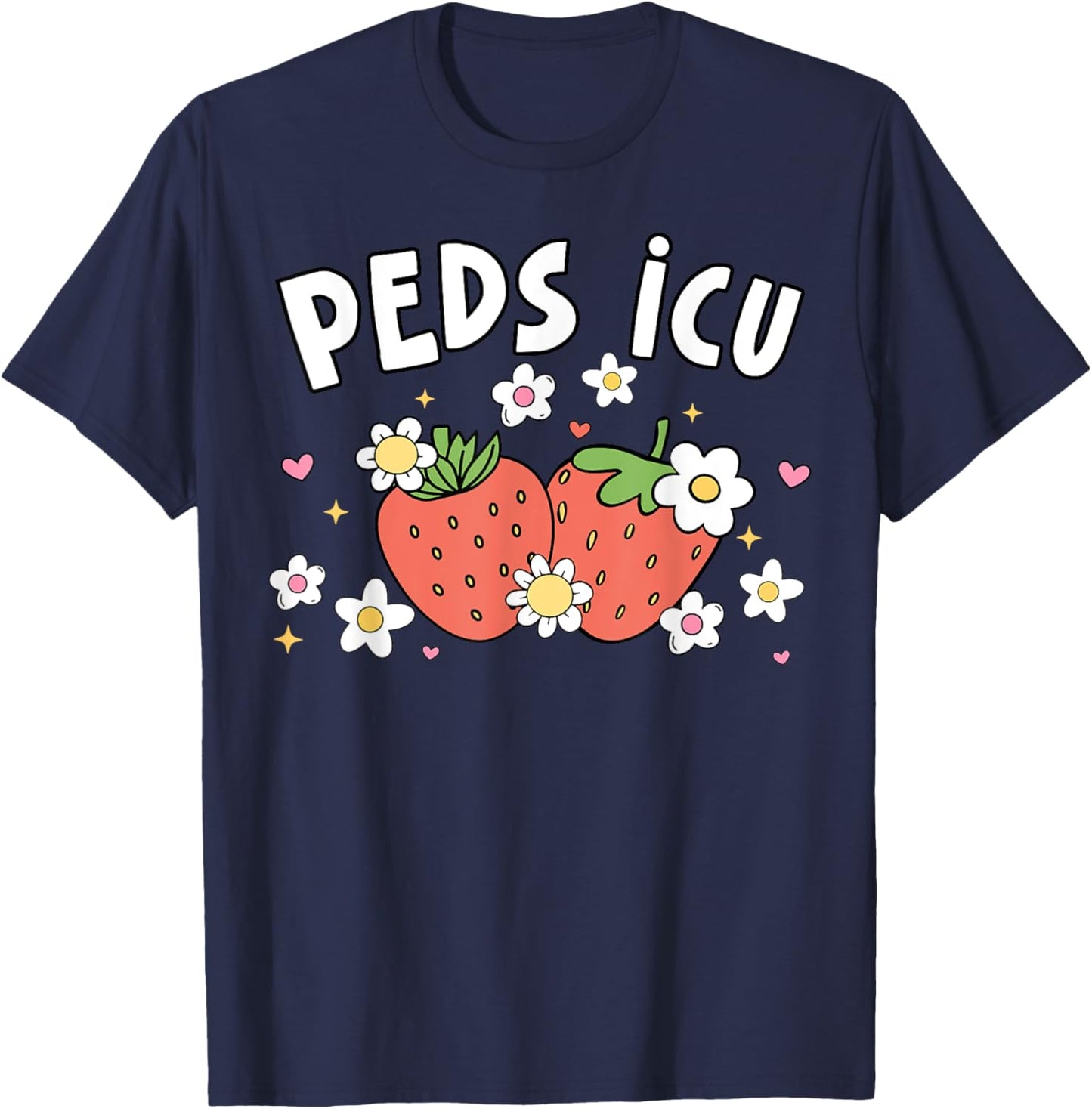 Retro PEDS ICU Strawberry Floral Pediatric Cardiac ICU Nurse T-Shirt - T-Shirt | Navy