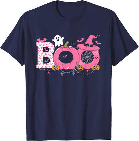 Boo Halloween Pumpkin Pink Ribbon Witch Breast Cancer T-Shirt - T-Shirt | Navy