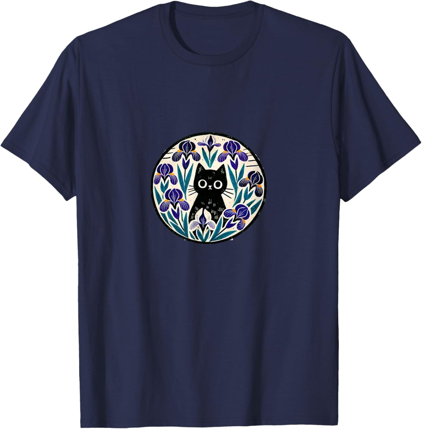 Black Cat Art Iris Flower Illustration T-Shirt - T-Shirt | Navy