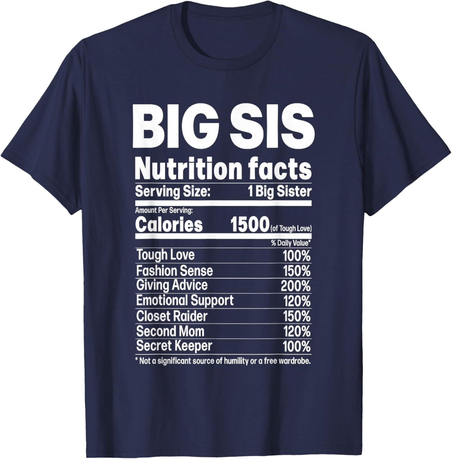 Big Sister Funny Sibling Humor Big Sis Nutrition Facts T-Shirt - T-Shirt | Navy