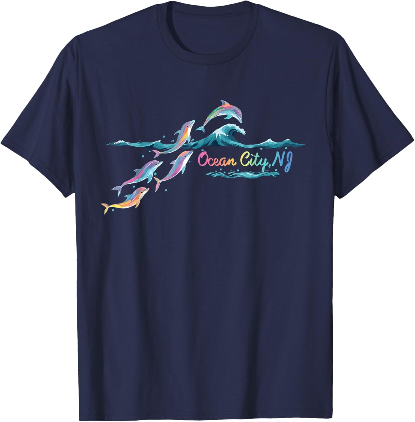 Ocean City NJ Colorful Dolphin Lover Beach Vacation T-Shirt - T-Shirt | Navy