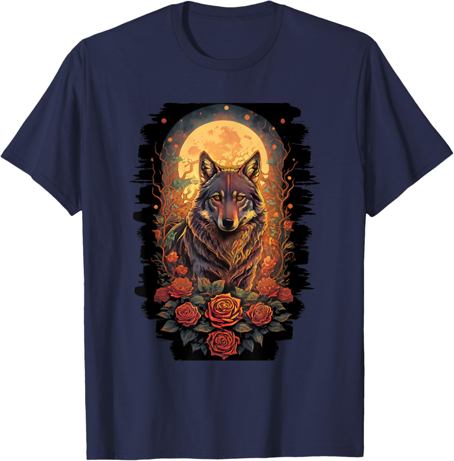 Botanical Wolf Women Roses Full Moon Kids Floral Wolf T-Shirt - T-Shirt | Navy
