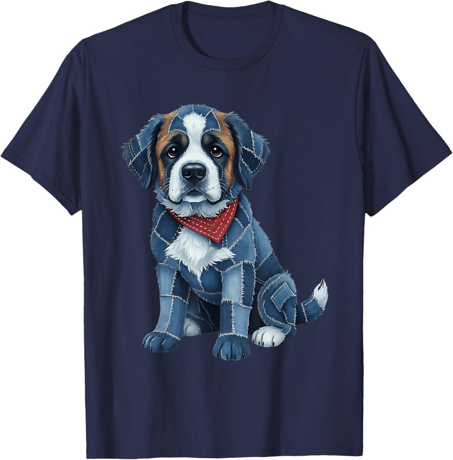 Funny Saint Bernard Dog Blue Denim Patchwork Pattern T-Shirt - T-Shirt | Navy