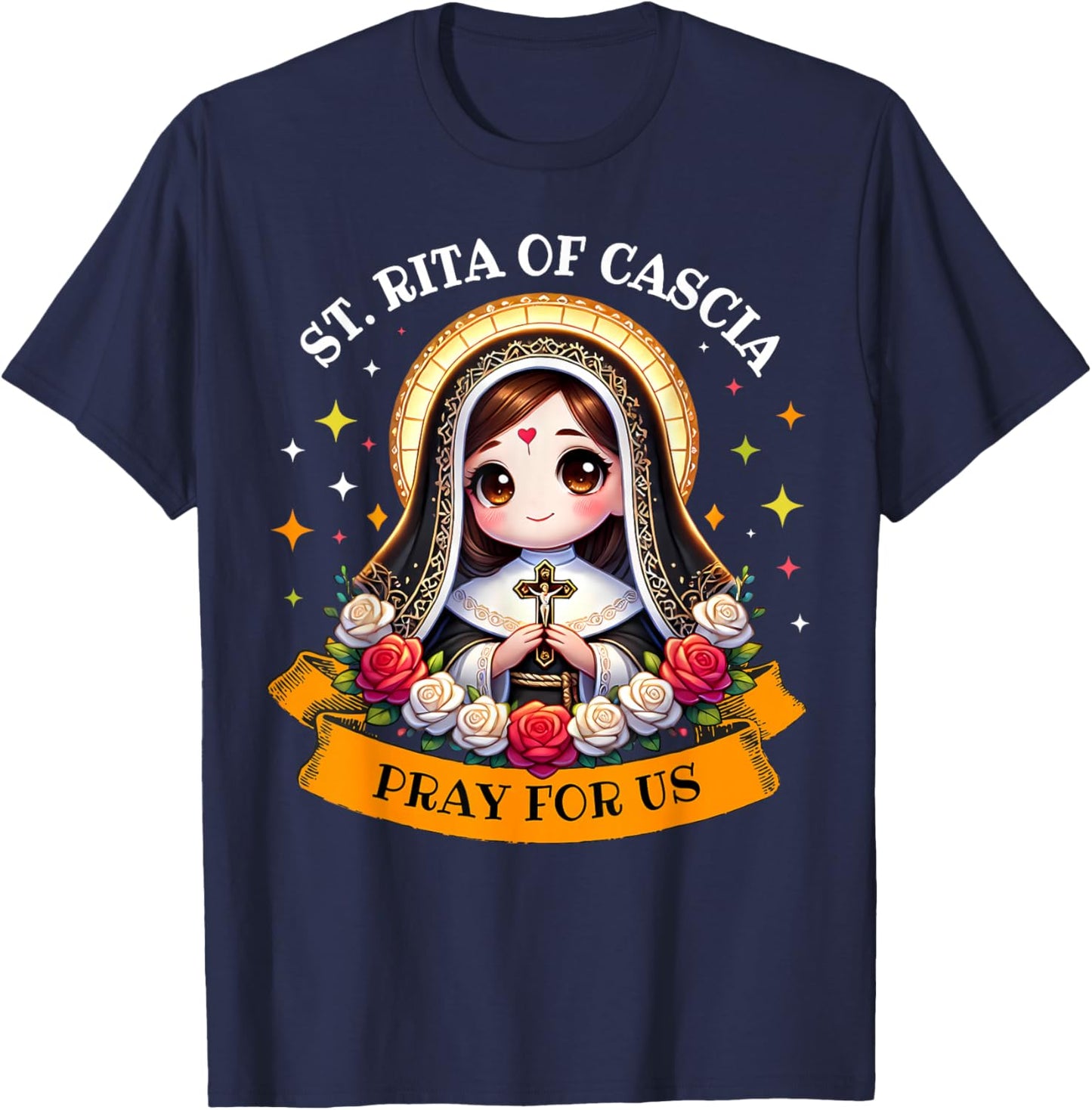 St Rita of Cascia Pray for Us Devotional Catholic for Kids T-Shirt - T-Shirt | Navy