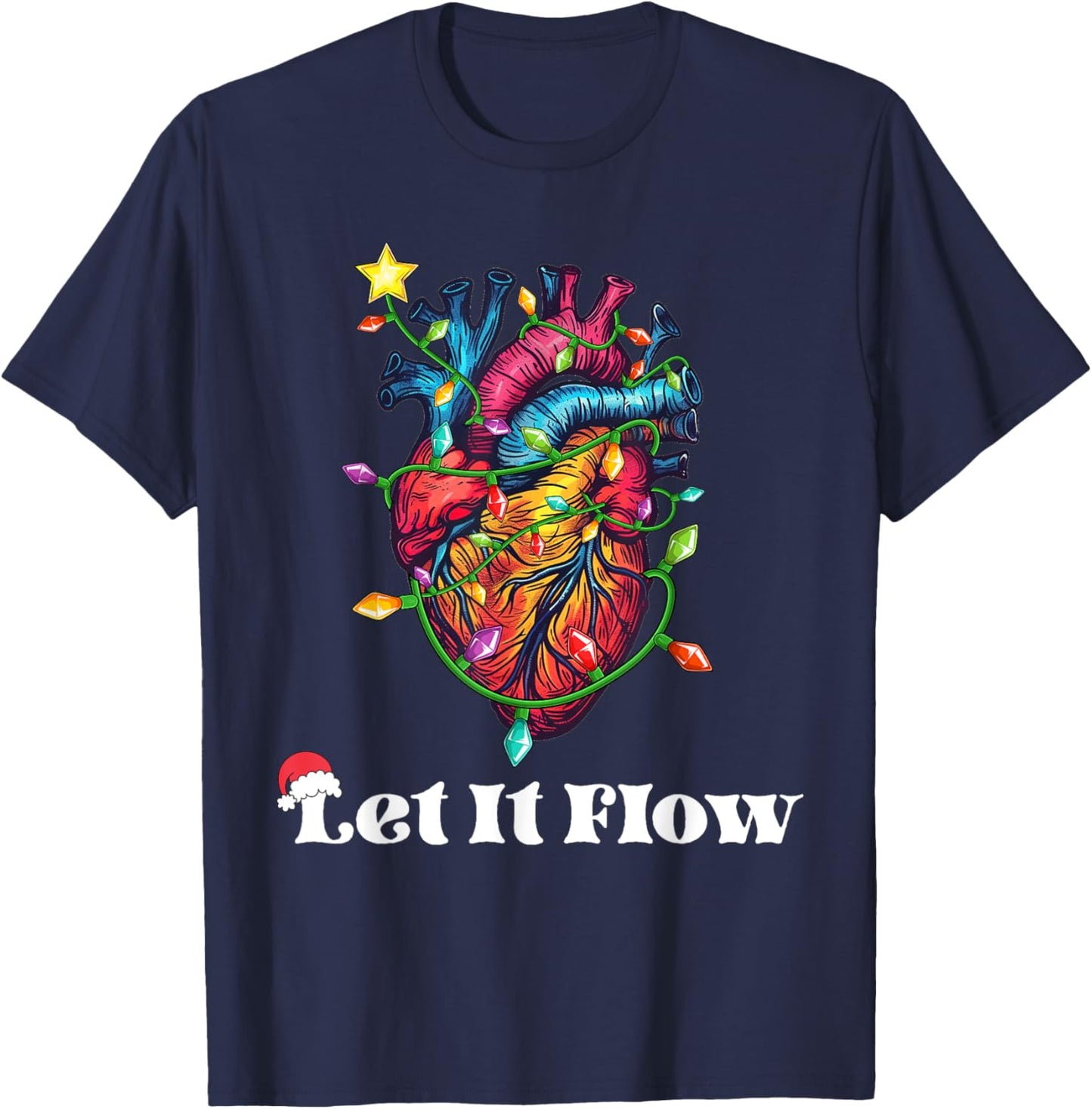 Funny Let It Flow Anatomy Heart Cardiac Nurse Santa Hat Xmas T-Shirt - T-Shirt | Navy