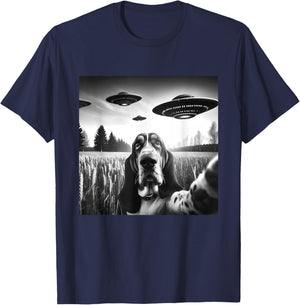 Basset Hound Funny Dog Graphic Selfie with UFOs Weird Aliens T-Shirt - T-Shirt | Navy