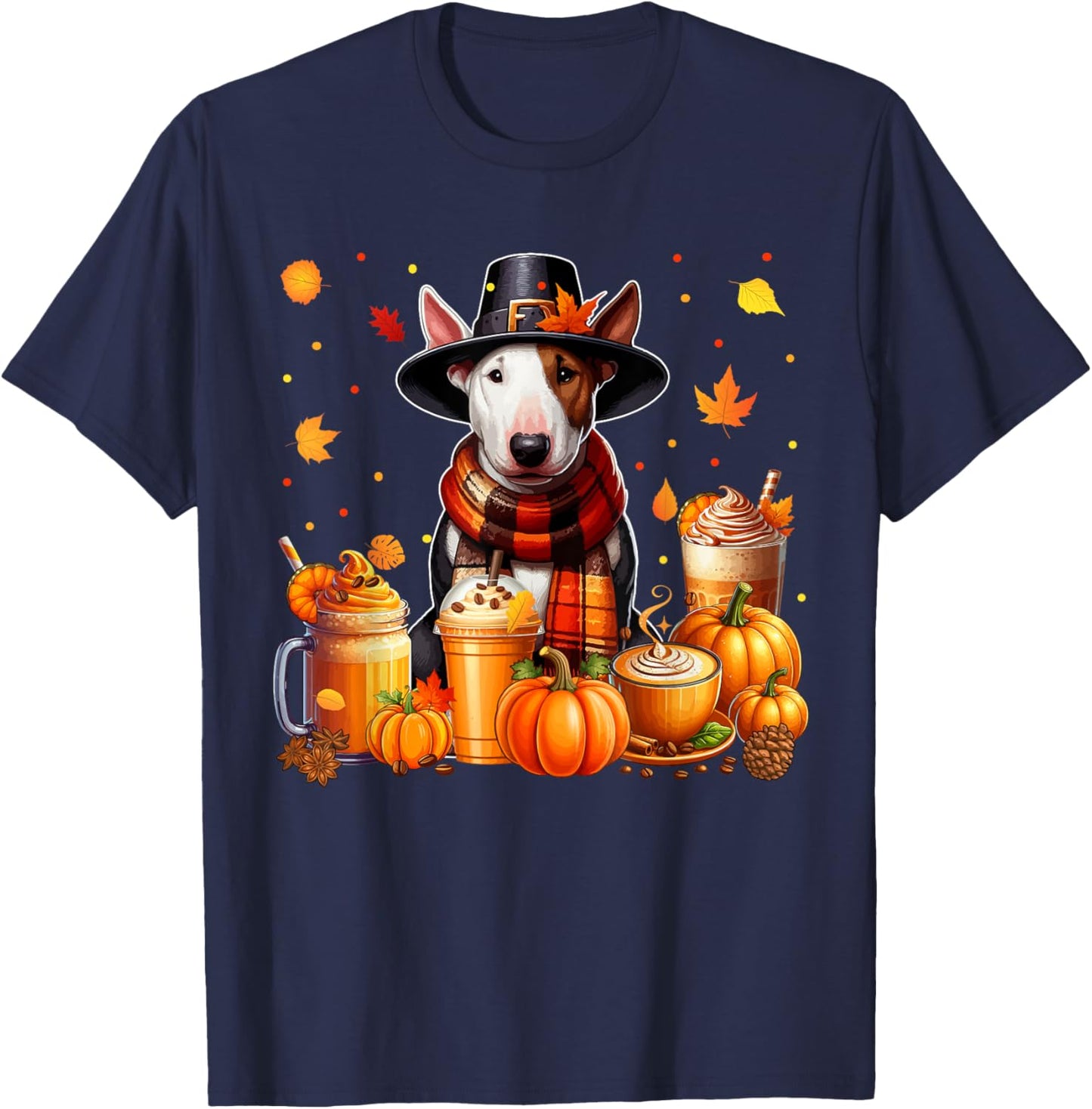 Bull Terrier Thanksgiving Drinks Coffee Fall Leaves Pumpkins T-Shirt - T-Shirt | Navy