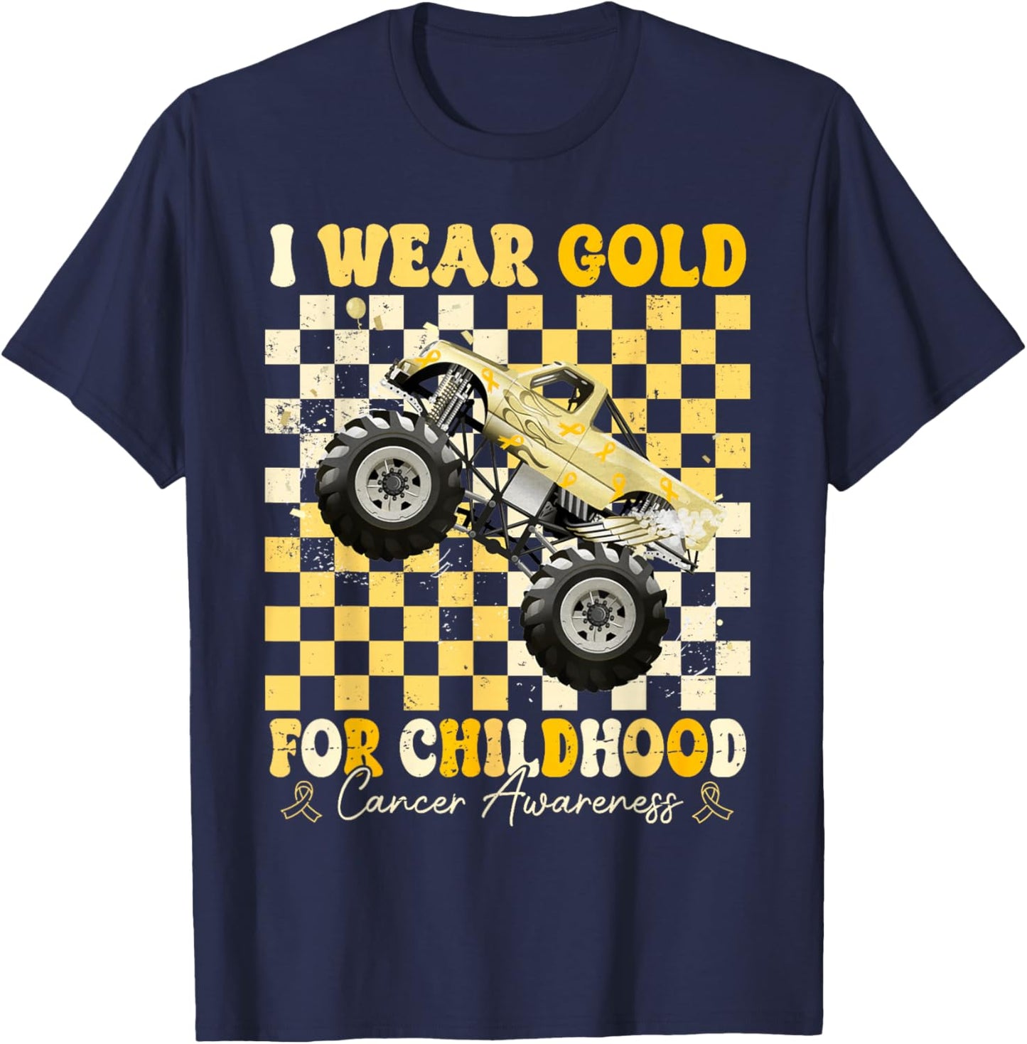 I Wear Gold for Childhood Cancer Awareness Monster Truck Kid T-Shirt - T-Shirt | Navy
