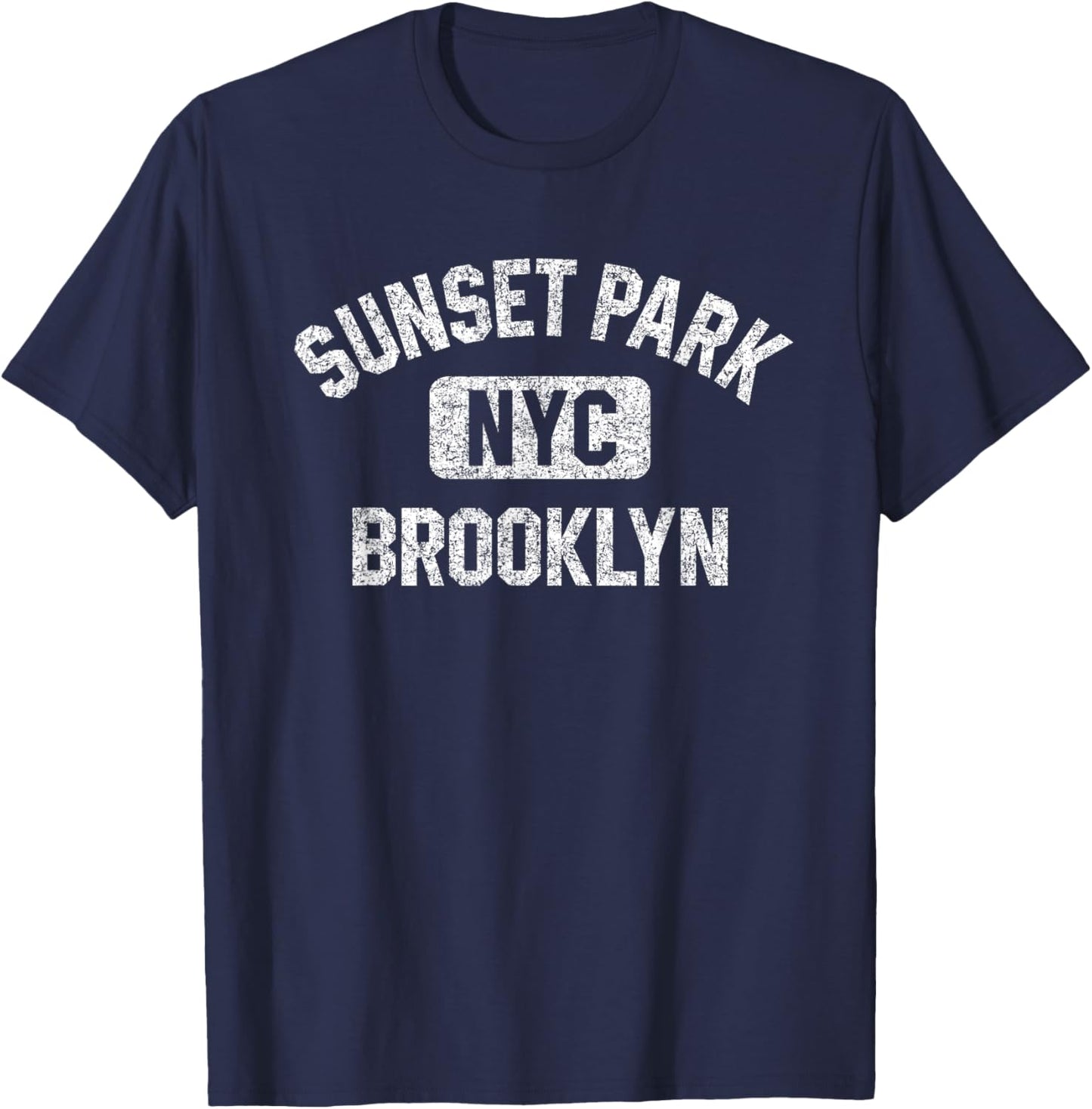 Sunset Park Brooklyn NYC Gym Style Distressed White Print T-Shirt - T-Shirt | Navy