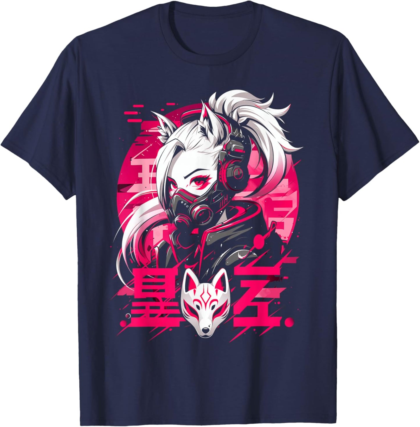 Anime Manga Cyberpunk Aesthetic Techwear Harajuku Kitsune T-Shirt - T-Shirt | Navy