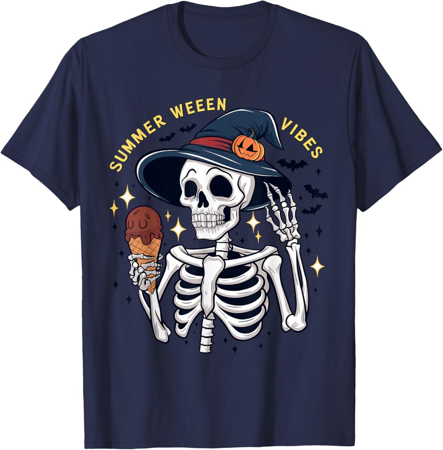 Summerween Vibes Funny Skeleton Ice Cream Summer Vacation Men Women Kids T-Shirt - T-Shirt | Navy