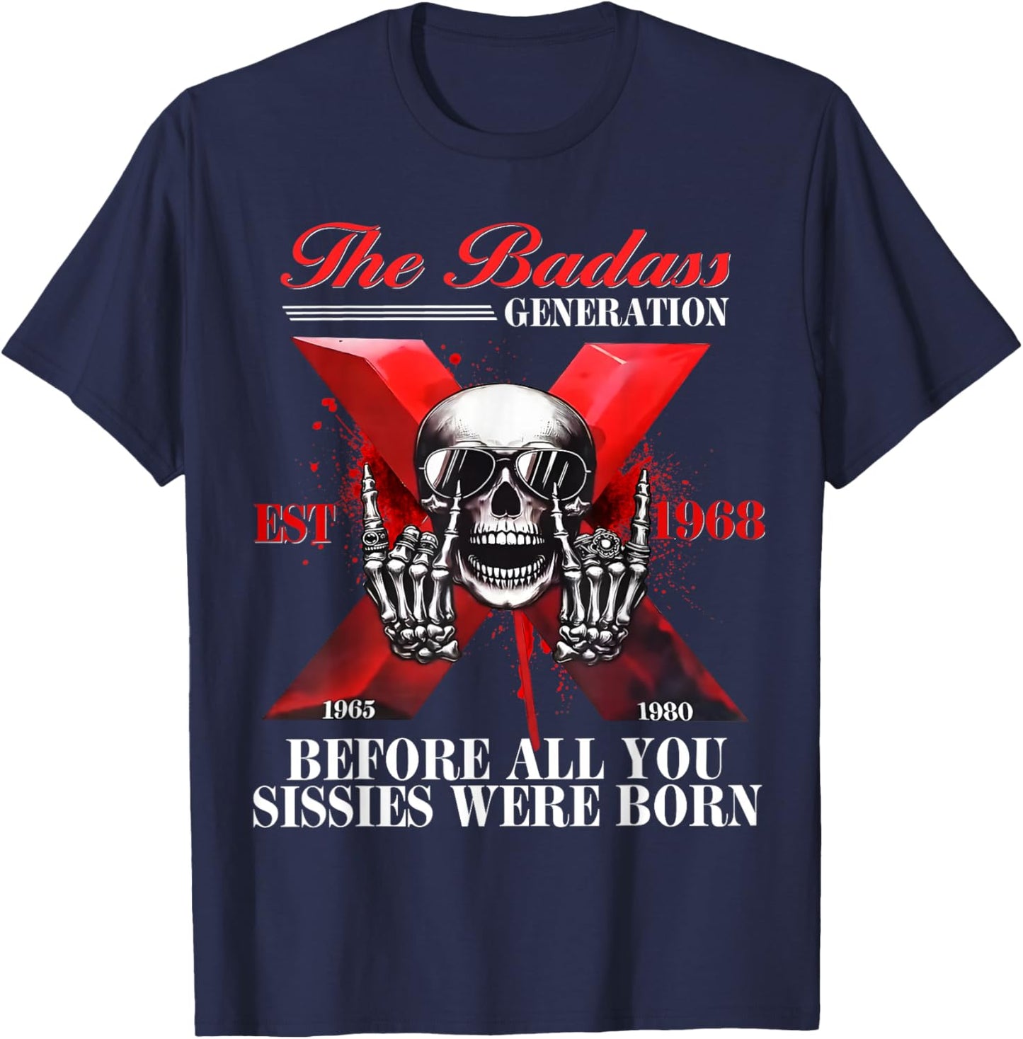 Gen X Badass Generation Lustiges Skelett Shirt Gen X Est 1968 T-Shirt - T-Shirt | Navy