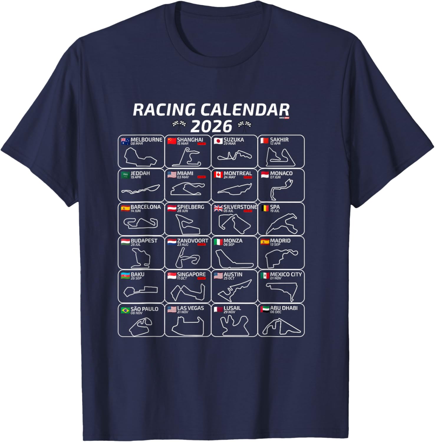 Racing Calendar 2026 All 24 Races and Tracks of the Season T-Shirt - T-Shirt | Navy