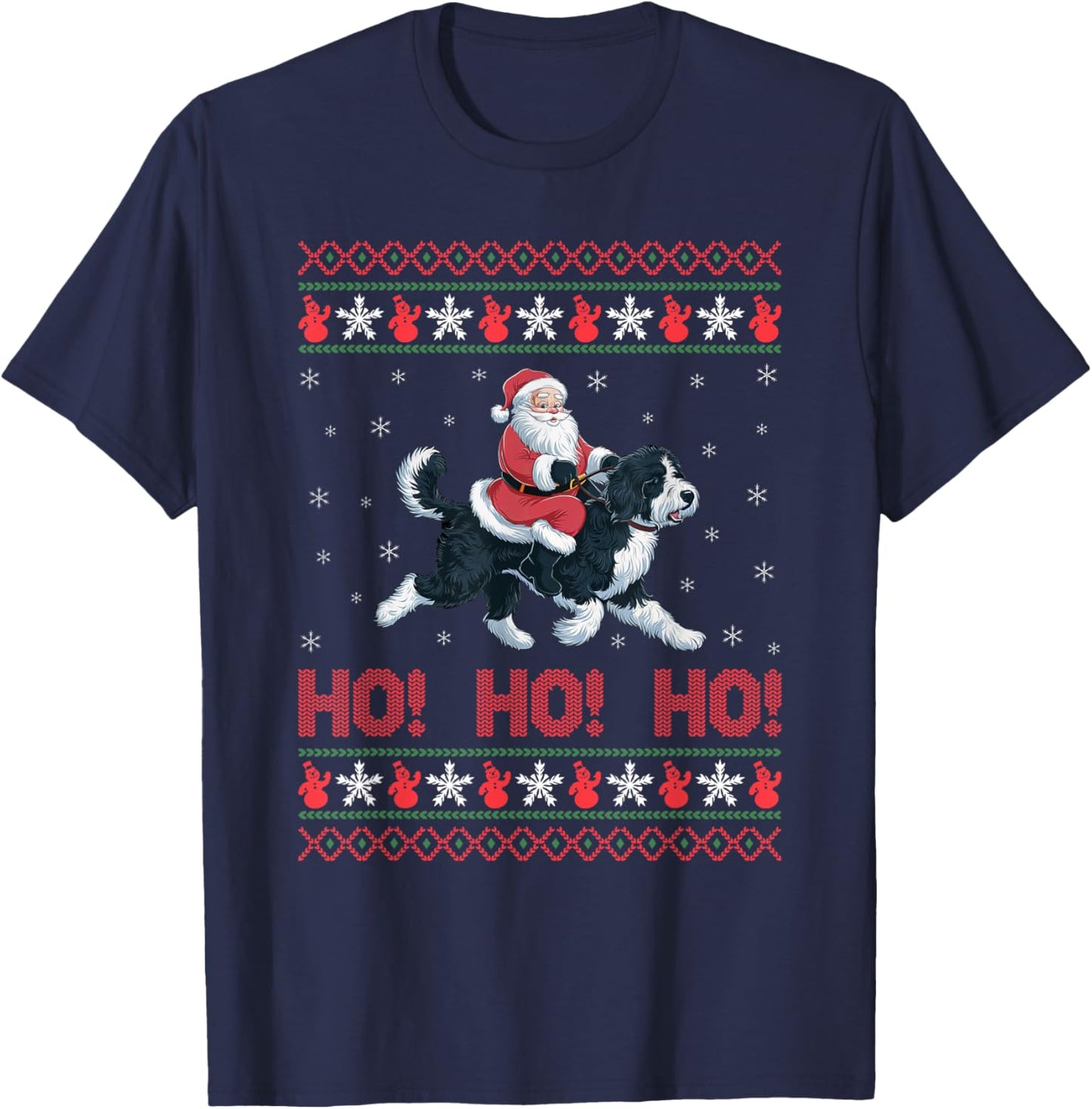 Ho Ho Ho Santa Riding Bernedoodle Dog Ugly Christmas Sweater T-Shirt - T-Shirt | Navy