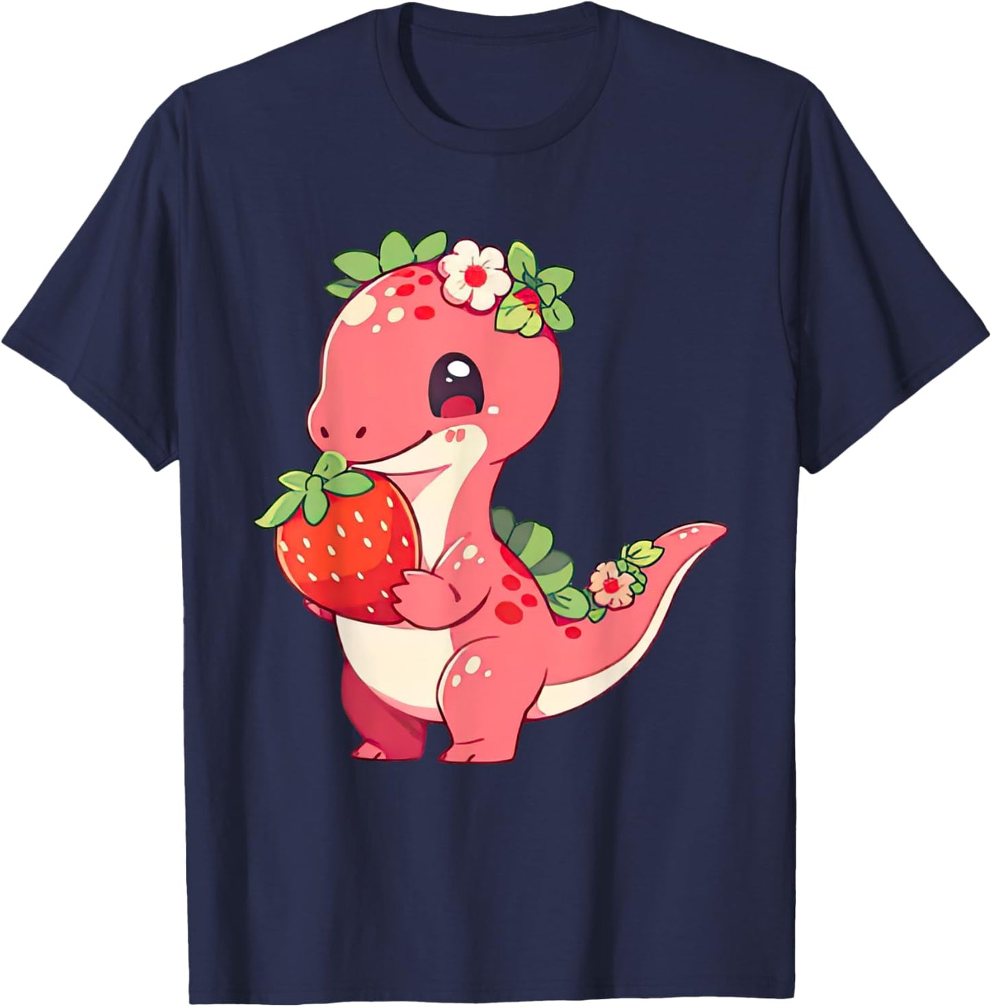 Cute Strawberry Summer Fruit Lover Dinosaur Eat Strawberry T-Shirt - T-Shirt | Navy