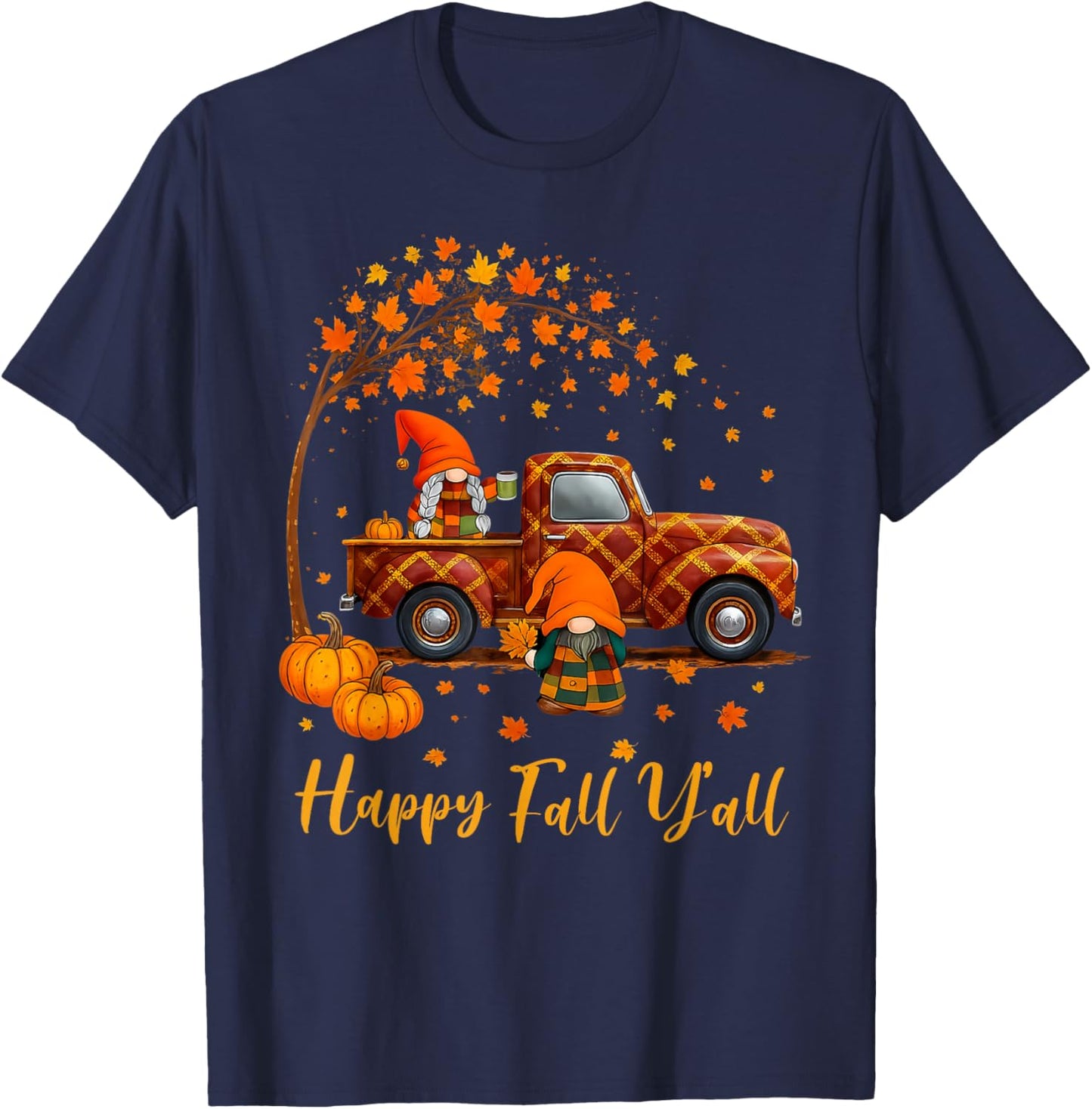 Happy Fall Y'all Gnomes Autumn Thanksgiving Men Women Kids T-Shirt - T-Shirt | Navy