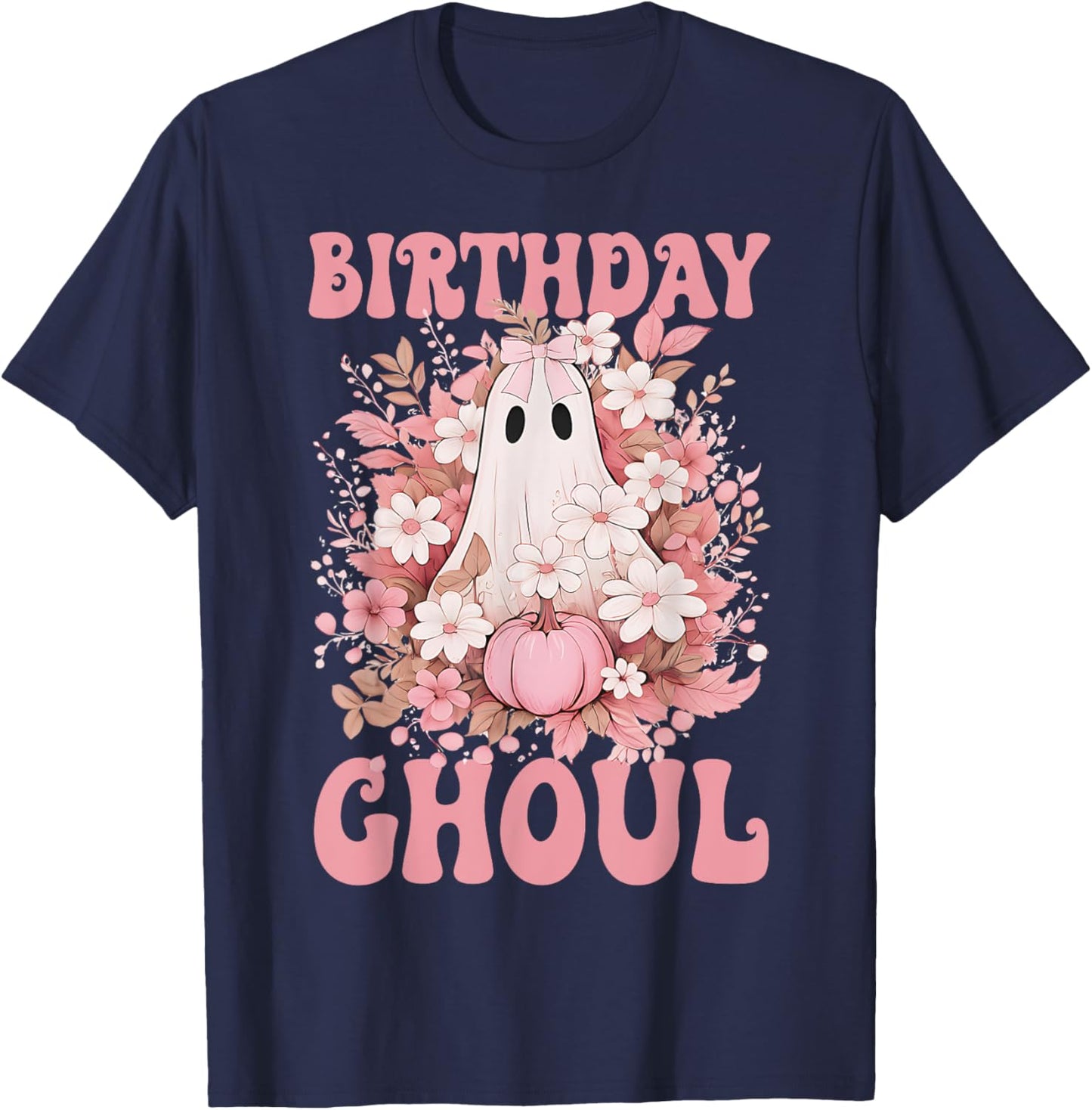 Birthday Ghoul Floral Ghost Bow Halloween Birthday Girls T-Shirt - T-Shirt | Navy