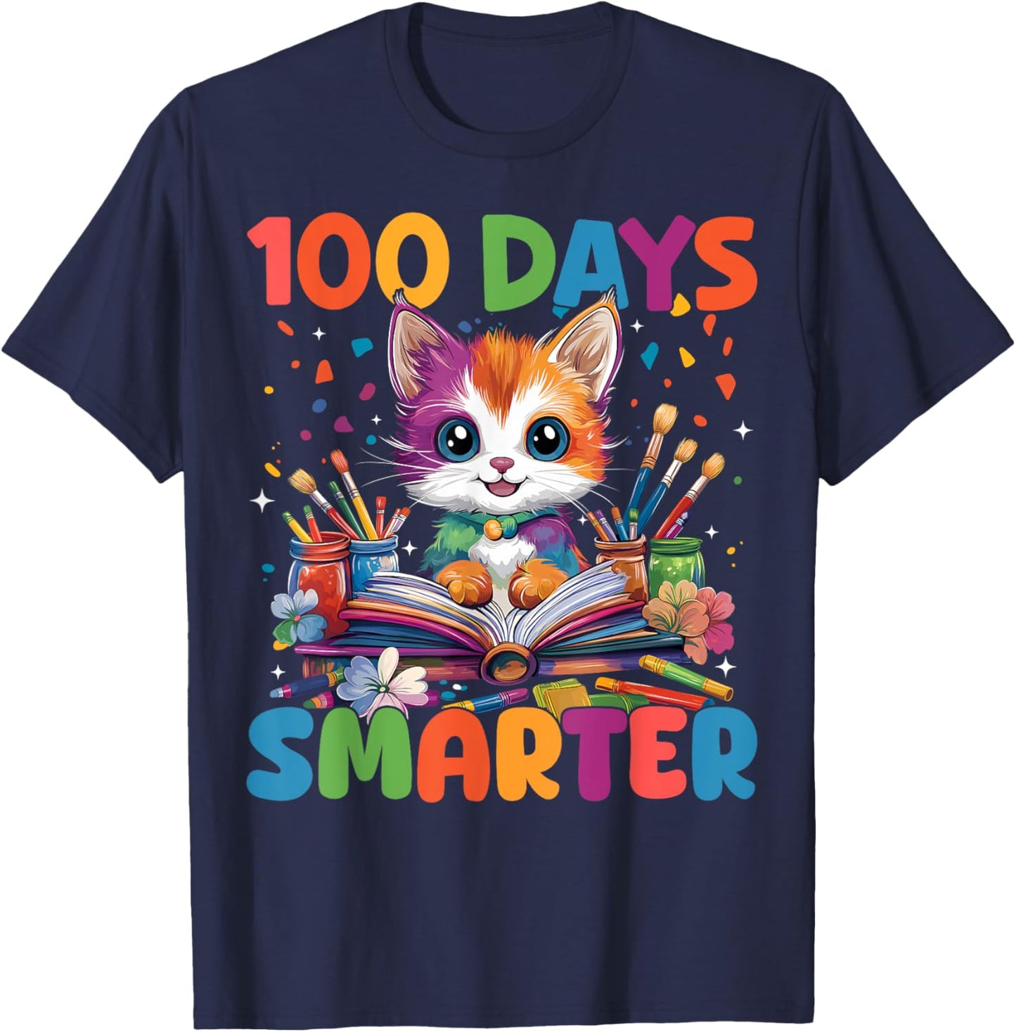 Cats 100th Day Of School Teacher 100 Days Smarter Cat Kitty T-Shirt - T-Shirt | Navy