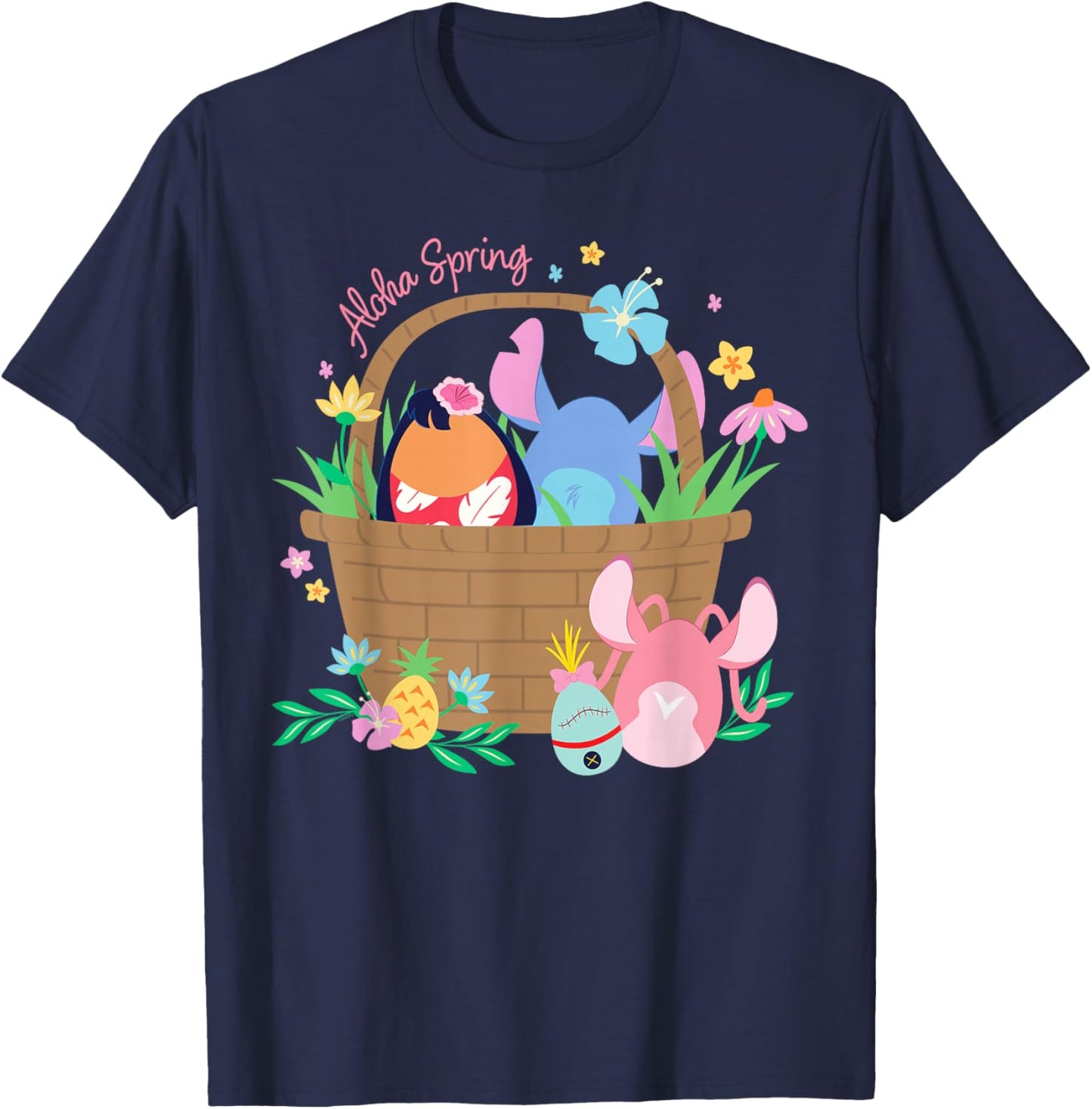 Disney Lilo & Stitch + Angel Aloha Spring Easter Eggs Basket T-Shirt - T-Shirt | Navy