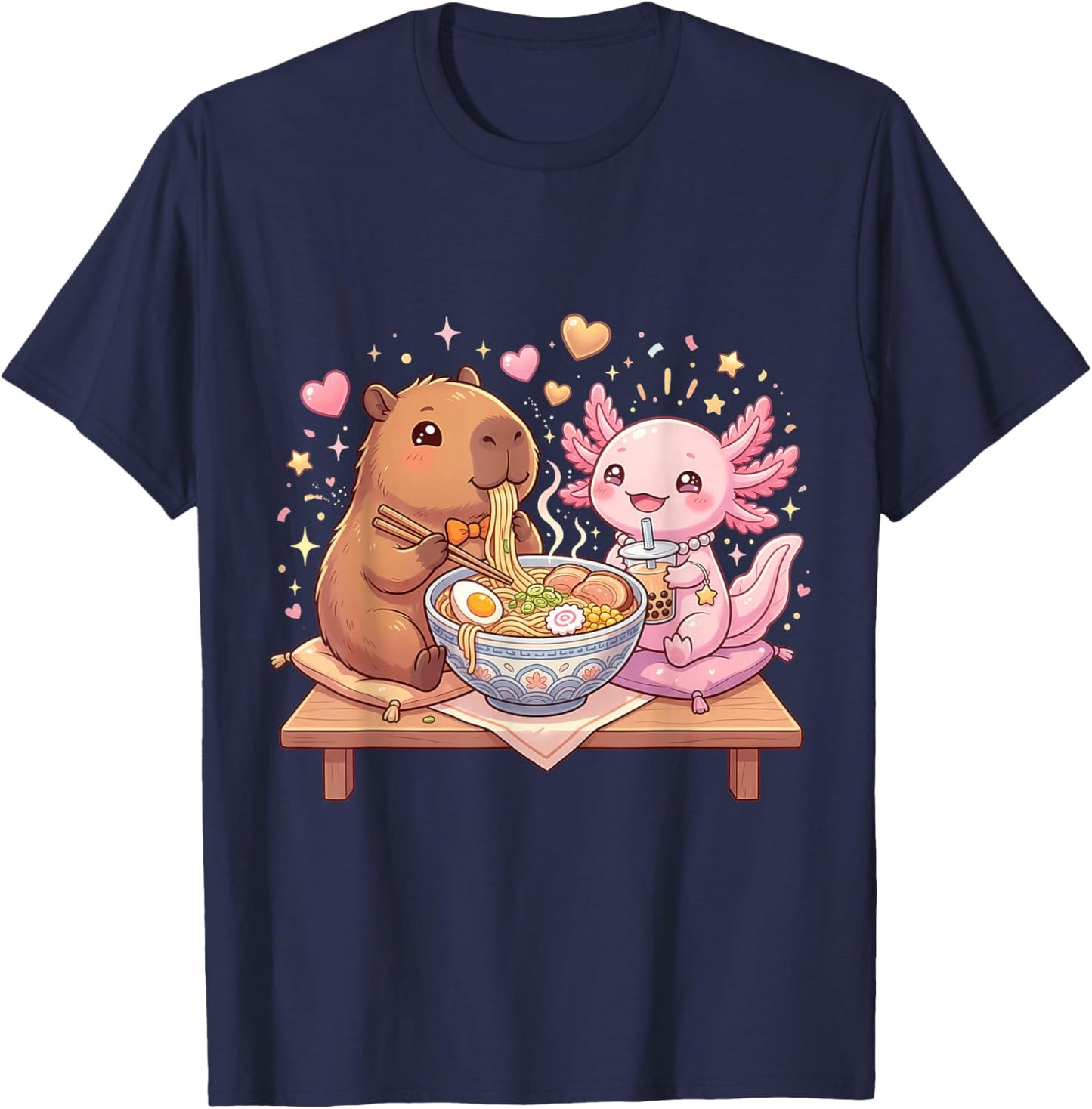 Kawaii Kawaii Ramen Capybara et Axolotl T-Shirt - T-Shirt | Navy
