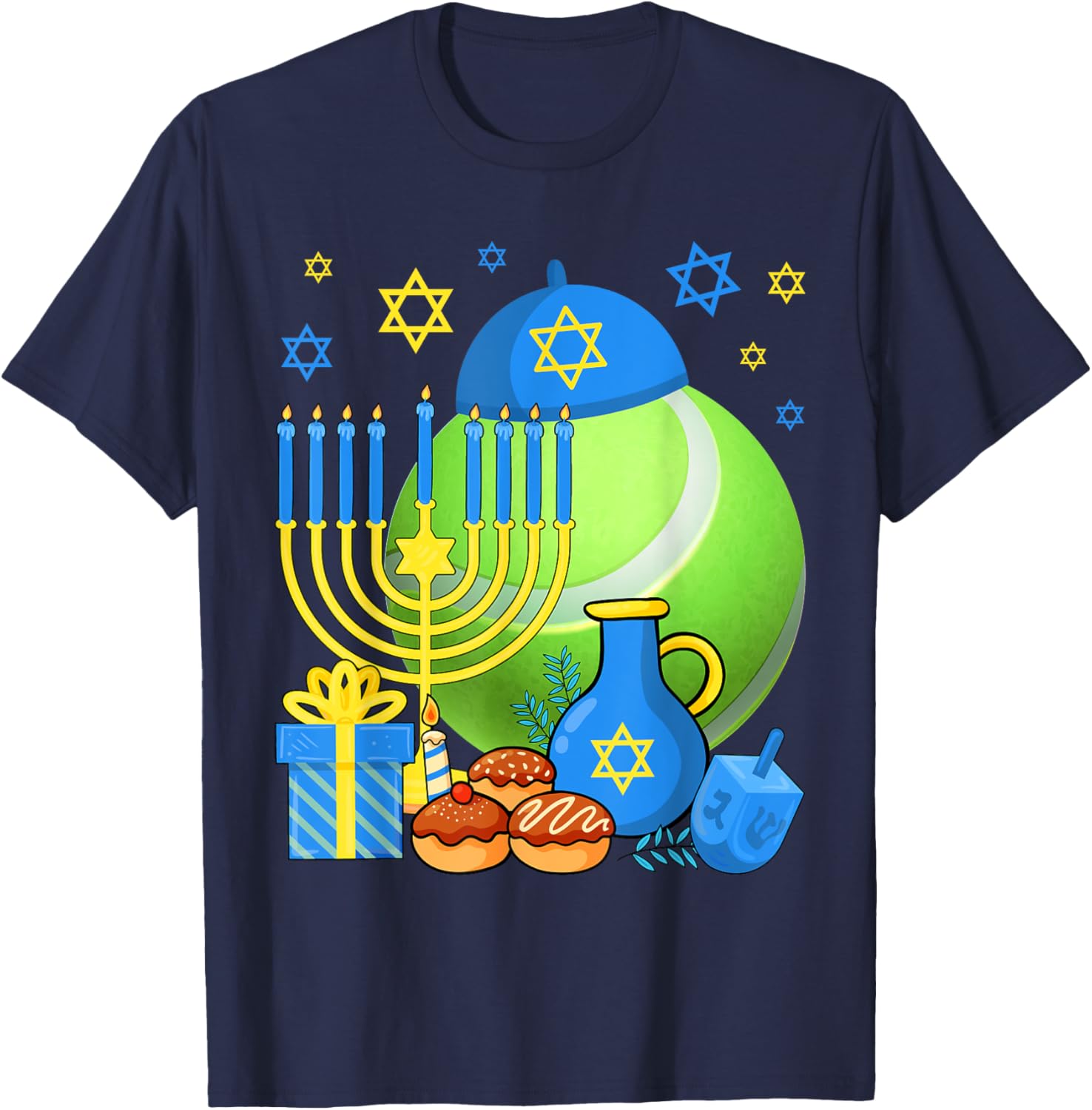 Funny Jewish Tennis Ball Menorah Happy Hanukkah Chanukah Kid T-Shirt - T-Shirt | Navy