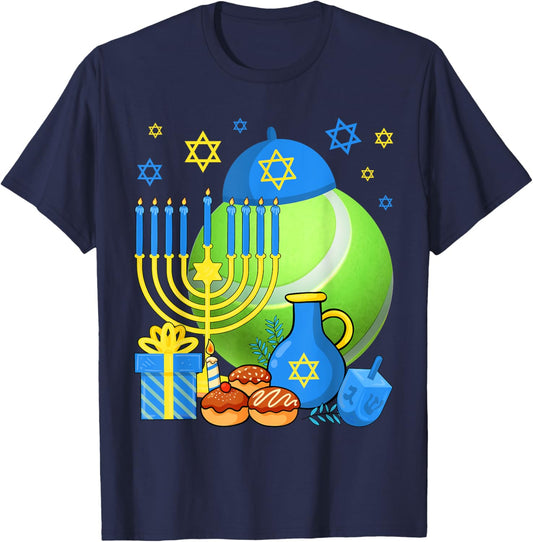 Funny Jewish Tennis Ball Menorah Happy Hanukkah Chanukah Kid T-Shirt - T-Shirt | Navy