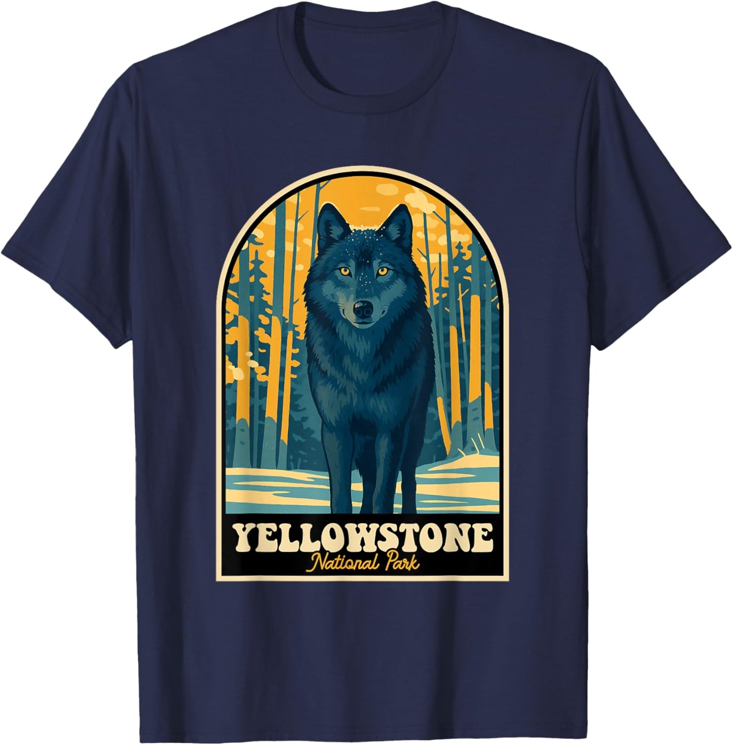 Yellowstone Wolf Vintage National Park Poster T-Shirt - T-Shirt | Navy